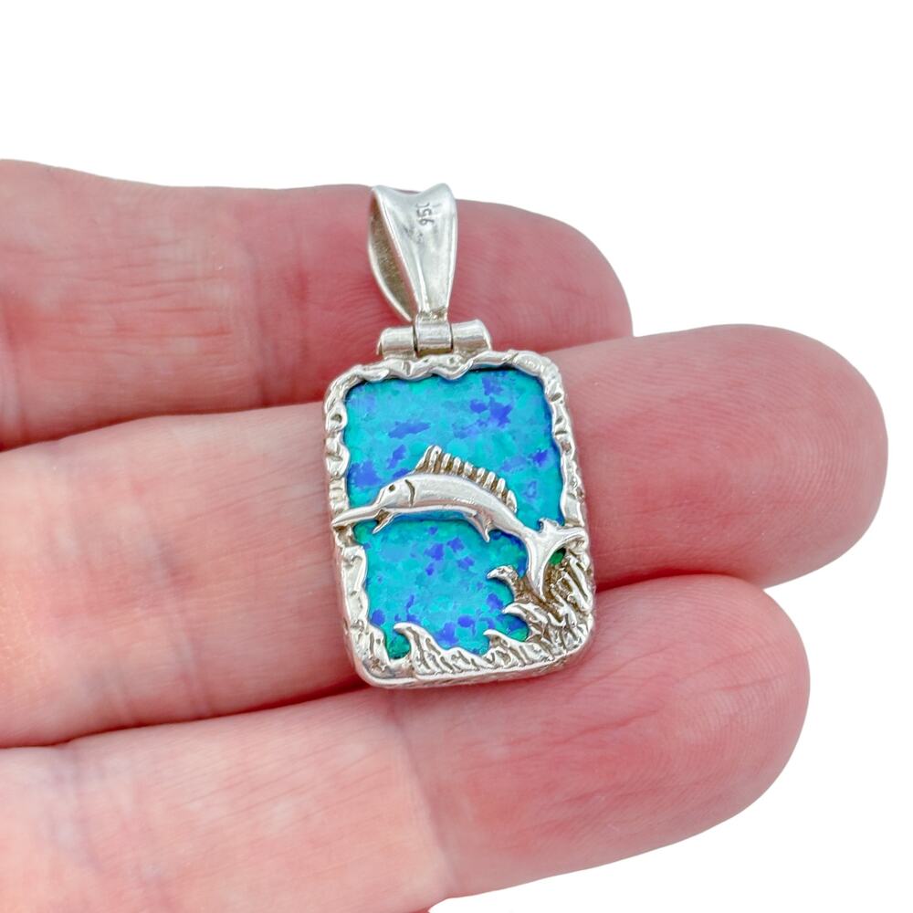 Vintage Sterling Silver 950 Reversible Blue Opal Swordfish Pendant